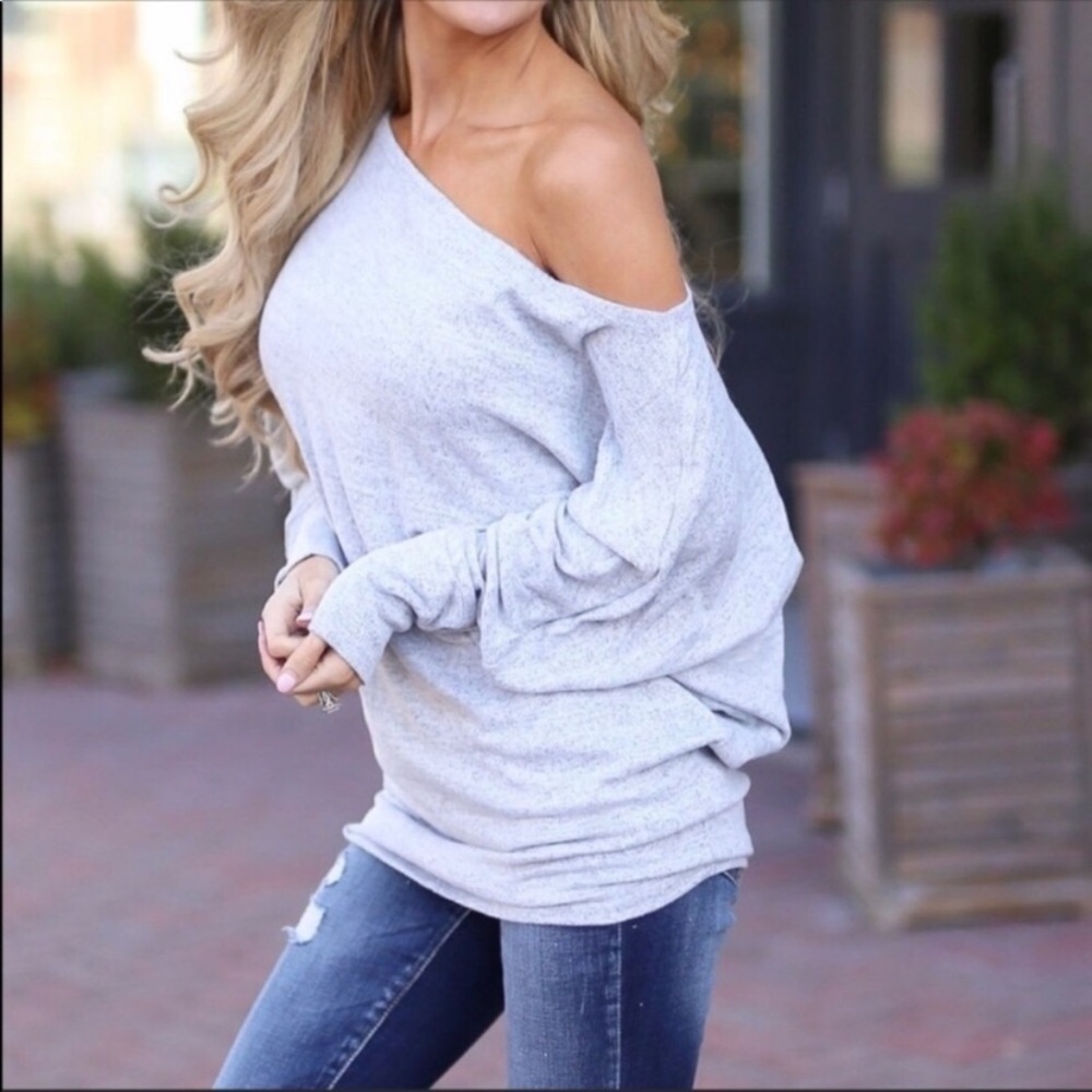 LAST! Heather Gray Off Shoulder Top - Picture 3 of 4